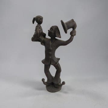 Beeldje - Bronze Clown Sculpture with Child - 15.5 cm -, Antiek en Kunst