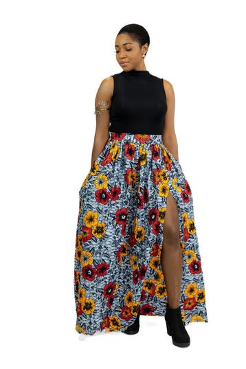 Afrikaanse print maxi rok - Lichtgrijze Flowers - S, Kleding | Dames, Rokken, Ophalen of Verzenden, Nieuw