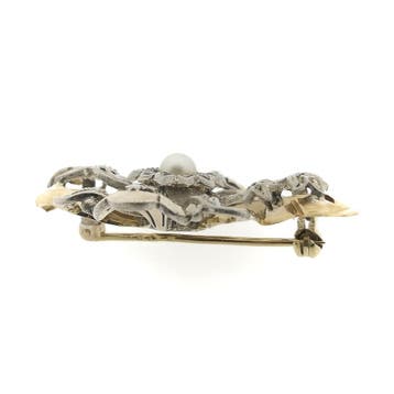 Antiek gouden broche met parel en diamanten, Gebruikt, Ophalen of Verzenden, Met edelsteen, Zilver