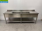 RVS Spoeltafel Dubbele Spoelbak met onderschap 240 x 70 x 91, Ophalen of Verzenden, Gebruikt