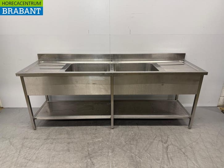 RVS Spoeltafel Dubbele Spoelbak met onderschap 240 x 70 x 91, Zakelijke goederen, Horeca | Keukenapparatuur, Gebruikt, Ophalen of Verzenden