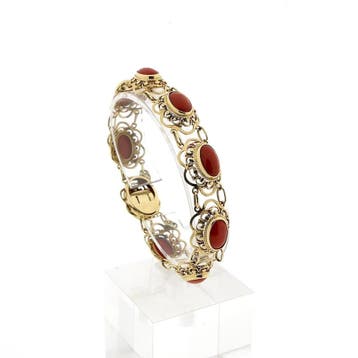 Antiek gouden armband met bloedkoralen (Schakelarmband), Gebruikt, Ophalen of Verzenden, Met edelsteen, Goud