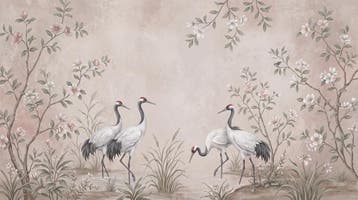 Kraanvogels behang – roze bloemen fotobehang op maat, Verzenden, Fotobehang