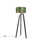 Vloerlamp tripod zwart met kap pauw dessin 50 cm - Puros, Huis en Inrichting, Verzenden, Nieuw, Hout, Classic-antique