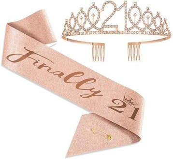 Finally 21 set met diadeem en sjerp deLuxe rosé goud glitter, Ophalen of Verzenden, Nieuw, Versiering, Verjaardag