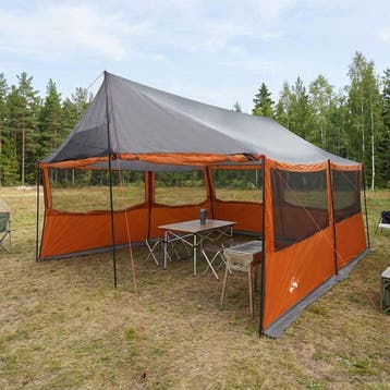 vidaXL Gezinstent met dak Grijs en Oranje 450 x 400 x 265 cm, Caravans en Kamperen, Tenten, Verzenden, Nieuw, Tot en met 2