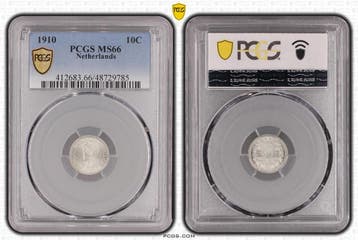 Koningin Wilhelmina 10 cent 1910 PCGS MS66 gecertificeerd, Verzenden, Zilver, 10 cent, Koningin Wilhelmina