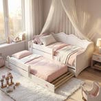 Peuterbed 80x160cm | Uitschuifbed Matras Wit Roze | Nieuw..., Nieuw, 70 tot 85 cm, Ophalen of Verzenden, Lattenbodem