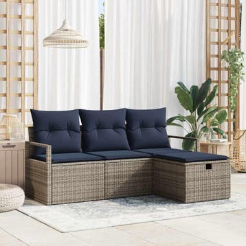 vidaXL Bankstel met kussen 4 pcs Grijs en Marineblauw poly, Tuin en Terras, Tuinsets en Loungesets, Verzenden, Nieuw, Rotan, 4 zitplaatsen