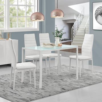 Eetkamerset eethoek Porvoo 5-delig glas tafel en stoelen wit, Verzenden, Nieuw