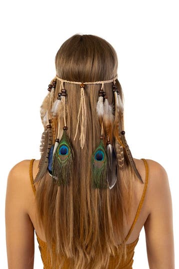 KIMU® Hoofdband Veren Bruin Pauwenogen Ibiza Hippie Indiaan, Ophalen of Verzenden, Nieuw, Carnaval, Accessoires