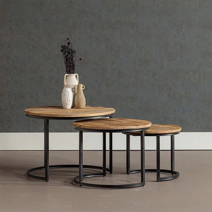 Salontafel Mangohout S Ula Set Van 3, Huis en Inrichting, Tafels | Salontafels, Nieuw, Overige houtsoorten, Overige vormen, Verzenden