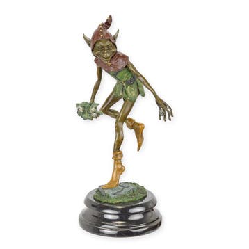 BRONZEN BEELD VAN EEN KABOUTER MET SLAKKEN OP EEN BLAD, Verzenden, Nieuw
