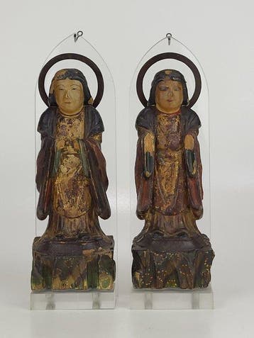 A Rare Pair of Gilded and Lacquered Wood Attendant Deities -