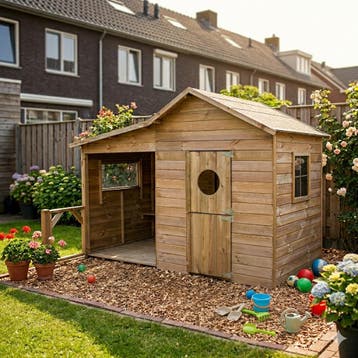 Speelhuis hout met overkapping, bankje en doorgeefluik -..., Ophalen of Verzenden, Nieuw