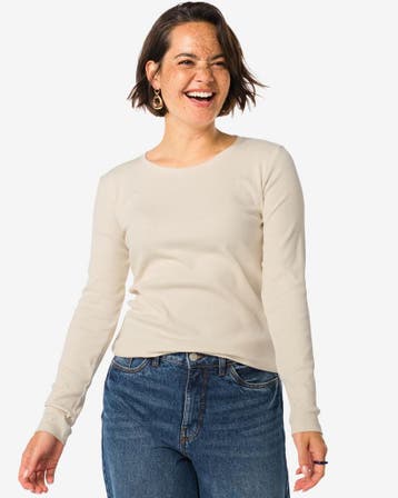 HEMA Dames T-shirt Clara rib katoen gebroken wit, Verzenden, Nieuw