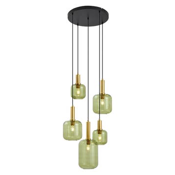 Hotel Chique hanglamp zwart en goud met groen glas 5-lichts, Huis en Inrichting, Verzenden, Nieuw, Metaal, Art Deco