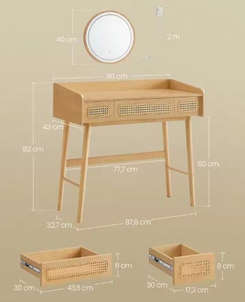 Kaptafel met LED-Spiegel – 3 Lades, Boho Rotanlook Design, Huis en Inrichting, Tafels | Kaptafels, Verzenden, Nieuw