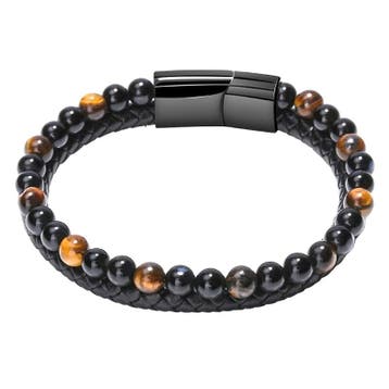 Fako Bijoux - Leren Natuurstenen Armband Heren - Zwart Leer, Verzenden, Nieuw