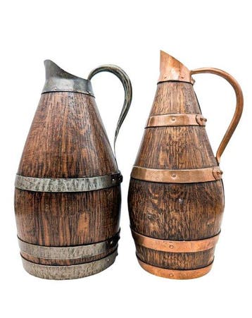 Kruik - Eik - Twee kruiken voor cider/wijn, gemaakt van hout, Antiek en Kunst, Curiosa en Brocante