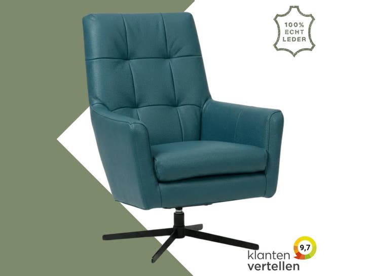 Leren draaifauteuil Central - Toledo Turquoise (blauw), Huis en Inrichting, Fauteuils, 75 tot 100 cm, 75 tot 100 cm, Nieuw, Leer