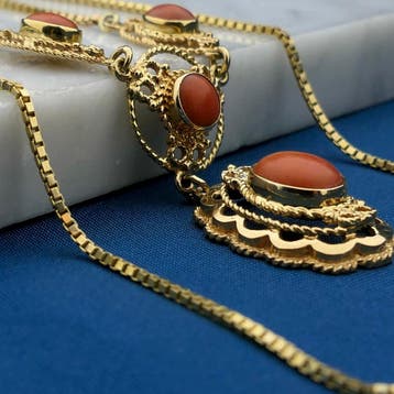 Antiek gouden Venetiaanse schakelketting met vaste hanger..., Gebruikt, Ophalen of Verzenden, Met edelsteen, Goud