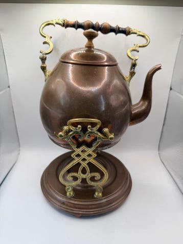Fluitketel - Koper, Messing, Hout - Vintage koperen ketel