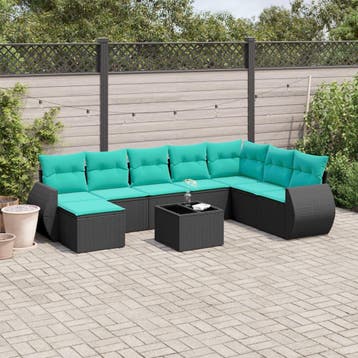 vidaXL 9-delige tuinbankset met kussens van zwart polyrotan, Verzenden, Nieuw