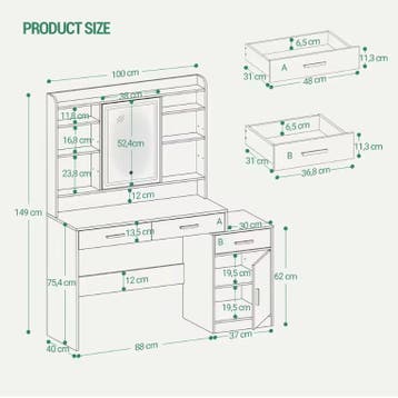 Kaptafel met LED Spiegel – Make-up Tafel met Lades en Kast, Verzenden, Nieuw