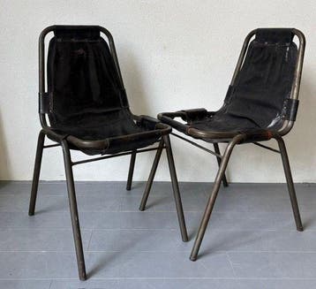 Stoel - Leder, Metaal - Twee vintage stoelen in stijl van