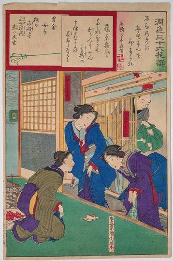 Kunichika — Een naaister begroeten in haar winkel — Japanse