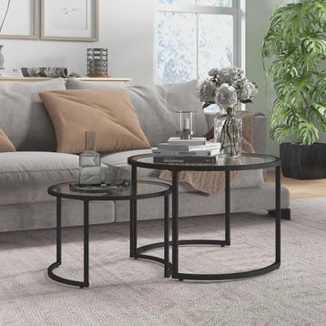 Set van 2 Ronde Nesting Tafels met Glazen Tafelblad en Zwart, Verzenden, Nieuw
