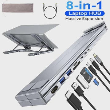 8-in-1 USB-C Laptop Stand & Docking Station - Universele Hub, Computers en Software, Dockingstations, Verzenden, Nieuw