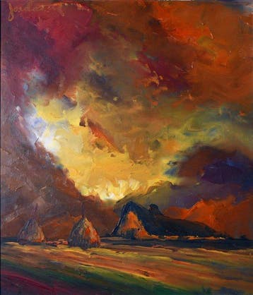 Leo Jordaens (1944-2000) - Landschap met hooimijten onder