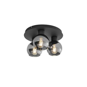 Art Deco plafondlamp zwart met smoke glas 3-lichts - Vidro, Huis en Inrichting, Lampen | Plafondlampen, Verzenden, Nieuw, Glas