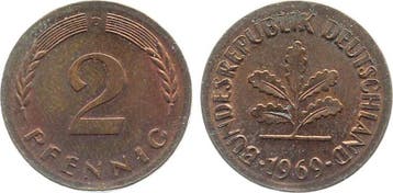 Duitsland Fehlpraegung 2 Pfennig 1969 D ohne Ring gepraeg..., Verzenden