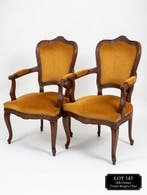 Fauteuil (2) - Fluweel, Hout - Armstoel met houtsnijwerk