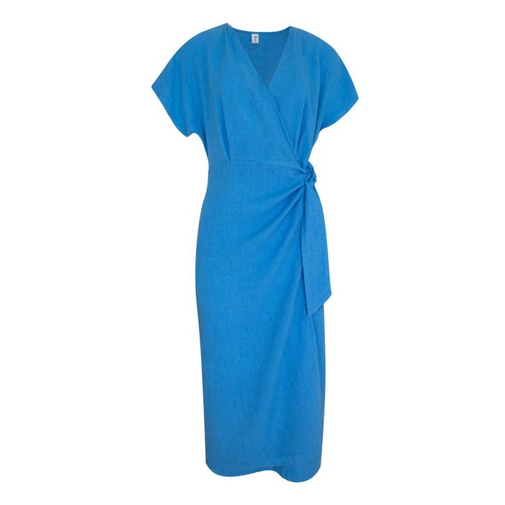 Backstage • blauwe linnen wikkeljurk • M, Kleding | Dames, Jurken, Blauw, Nieuw, Maat 38/40 (M), Verzenden