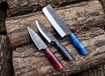 Kitchen/ Chef’s Set of THREE , Hand Forged Damascus & D2