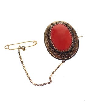 Antiek gouden broche met bloedkoraal, Gebruikt, Overige kleuren, Ophalen of Verzenden, Met edelsteen