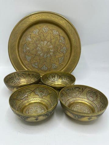 Mamluk revival schaaltjes en bord - Zilver, Koper, Messing -, Antiek en Kunst
