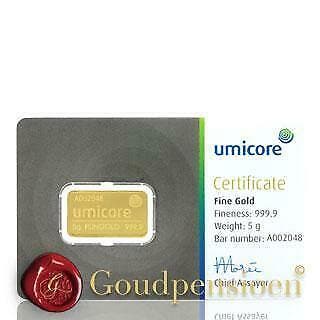 5 Gram Umicore Goudbaar met Certificaat 999,9 Puur Goud, Postzegels en Munten, Edelmetalen en Baren, Ophalen of Verzenden, Goud