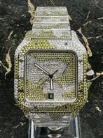 Cartier Santos - Camo Green - Large - Iced Out - Diamonds, Overige merken, Staal, Staal, Polshorloge
