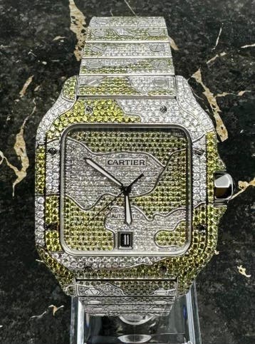Cartier Santos - Camo Green - Large - Iced Out - Diamonds, Sieraden, Tassen en Uiterlijk, Horloges | Heren, Overige merken, Staal
