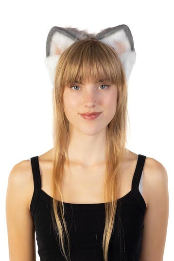Haarband Furry Oortjes Grijs Wit Roze Kat Poes Vos Diadeem D, Ophalen of Verzenden, Nieuw, Carnaval, Accessoires
