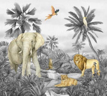 Jungle behang Jungle Droom P4, Jungledieren, Olifant, Leeuw, Ophalen of Verzenden, Nieuw, Wanddecoratie