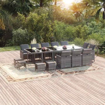 vidaXL 15-delige Tuinset met kussens poly rattan grijs, Verzenden, Nieuw, Rotan, Tuinset