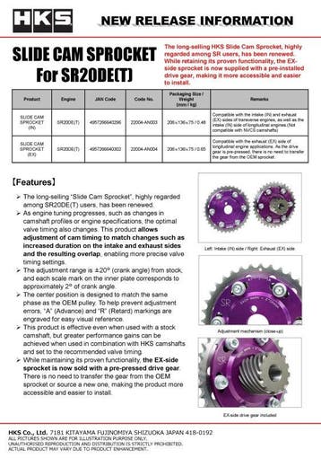 HKS SLIDE CAM SPROCKET SR20DE/DET INTAKE, Ophalen of Verzenden, Nieuw