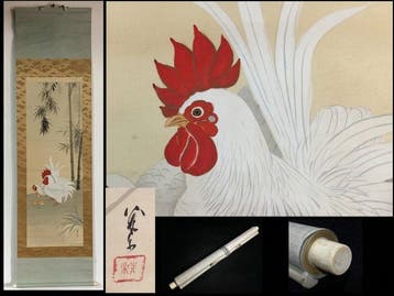 Antique Japanese Hanging Scroll - Hand-painted White Rooster