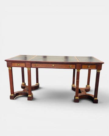 Bureau - Hout, Leder, Brons - Ministeriële schrijftafel, Antiek en Kunst